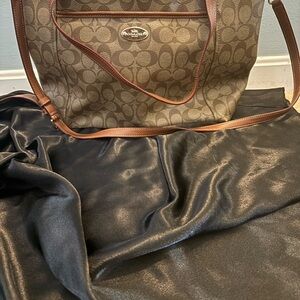 Coach Canvas Tote in Khaki and Brown with Leather Trim